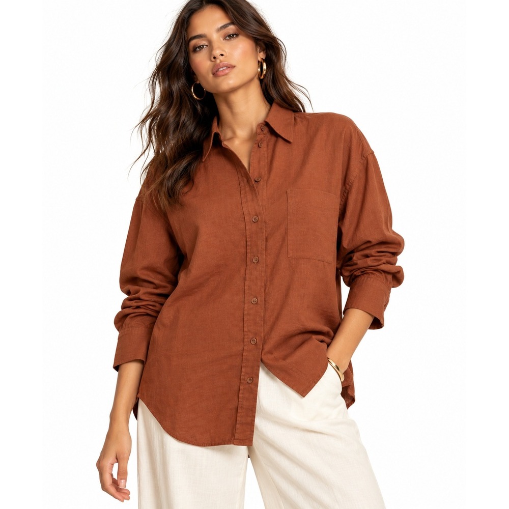 H&M Premium Selection Linen Blend Button Down Shirt Terracotta Brown XS NEW